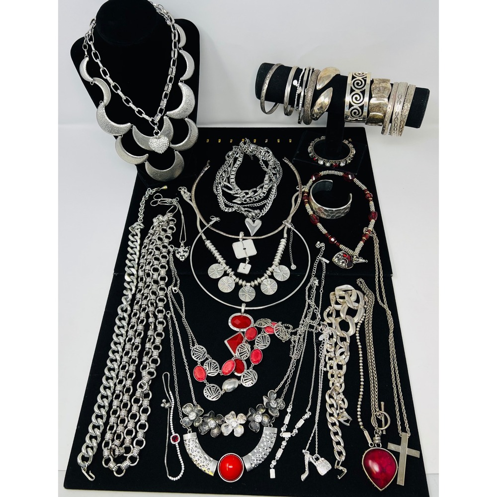 Vintage & Modern Silver Tone Classic & Bold Signed & Unsigned Jewelry Lot of 29